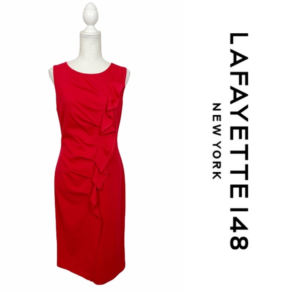 Lafayette 148 New York Red Sleeveless Ruffle Front Sheath Dress Size 6 New w/Tag